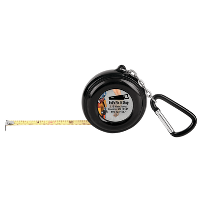 Personalized 6 foot black tape measure keychain with carabiner