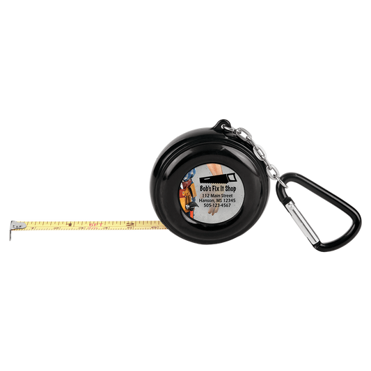 Personalized 6 foot black tape measure keychain with carabiner