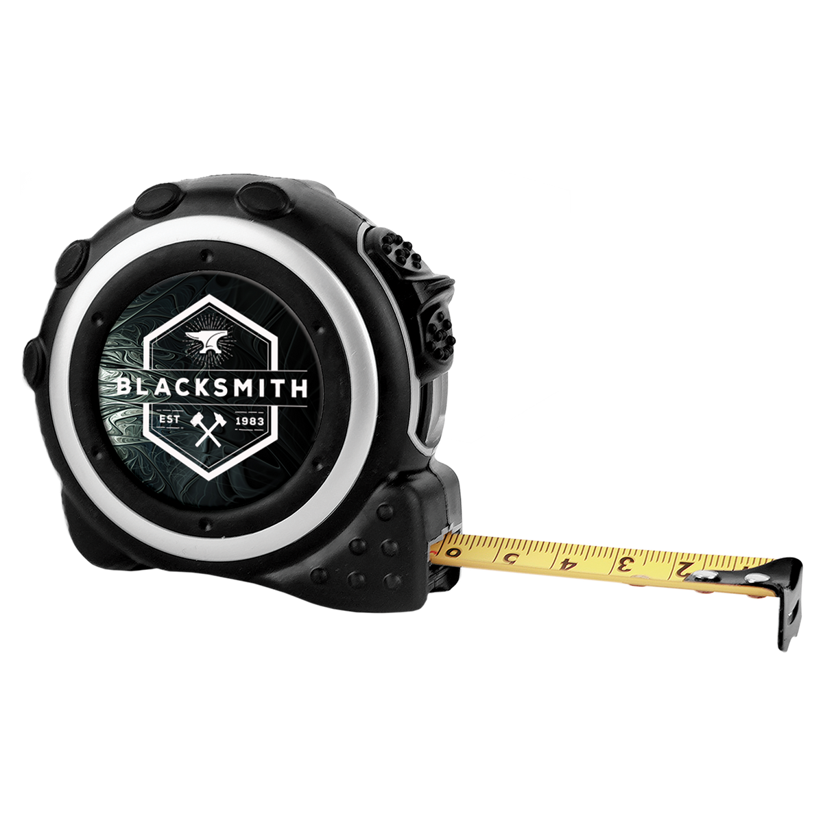 Personalized 16 foot black and silver tape measure with belt clip