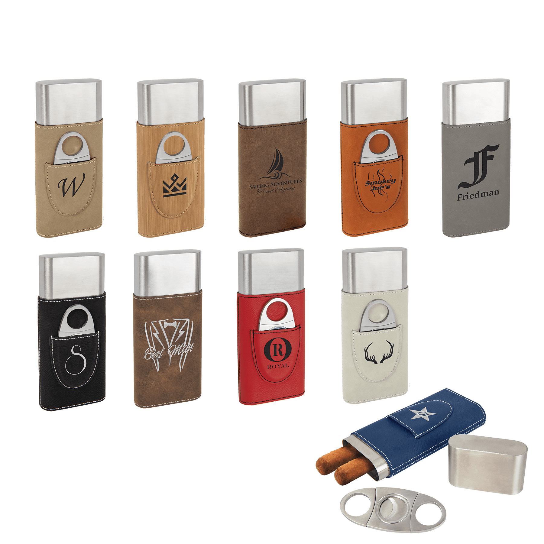 Collection of leather cigar cases and cutters with various designs and branding on a clear background.