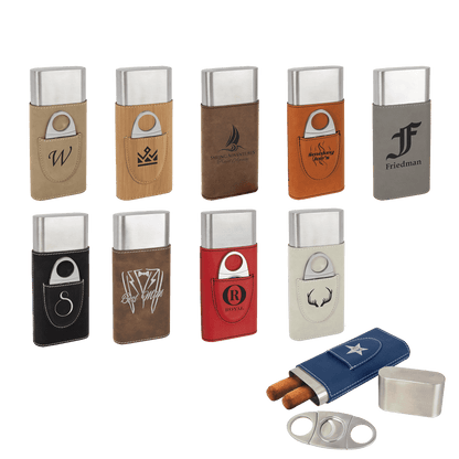 Collection of leather cigar cases and cutters with various designs and branding on a clear background.