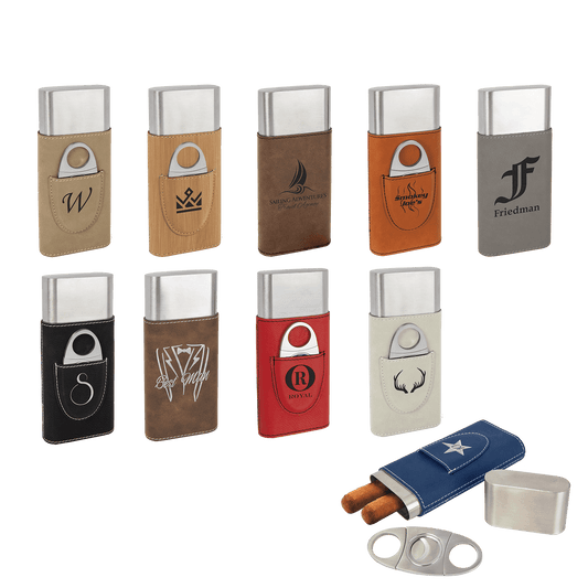 Collection of leather cigar cases and cutters with various designs and branding on a clear background.