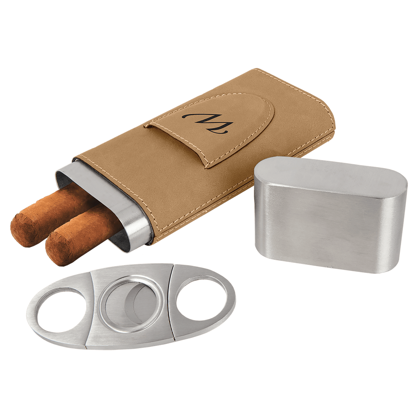 Light Brown Cigar holder with two cigars, a silver cutter, and a metal top on a transparent background