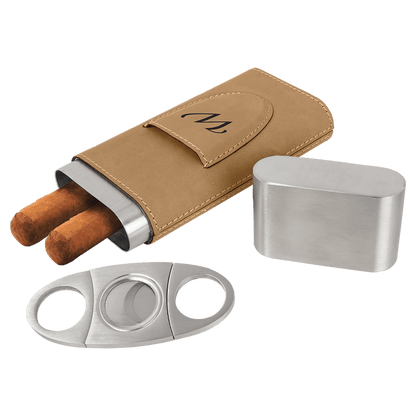 Light Brown Cigar holder with two cigars, a silver cutter, and a metal top on a transparent background