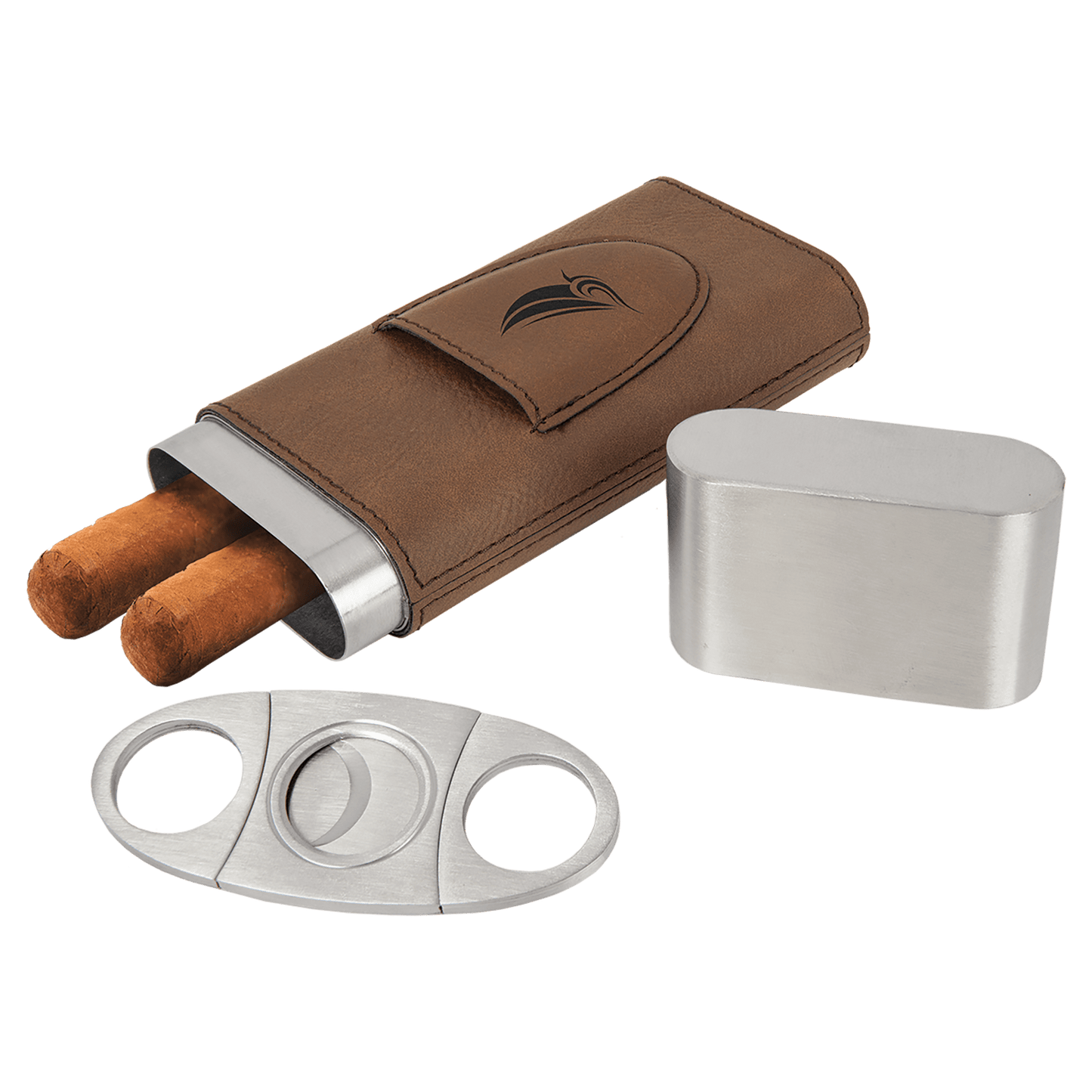 dark brown Cigar case with two cigars, a silver cutter, and a metal top on a transparent background
