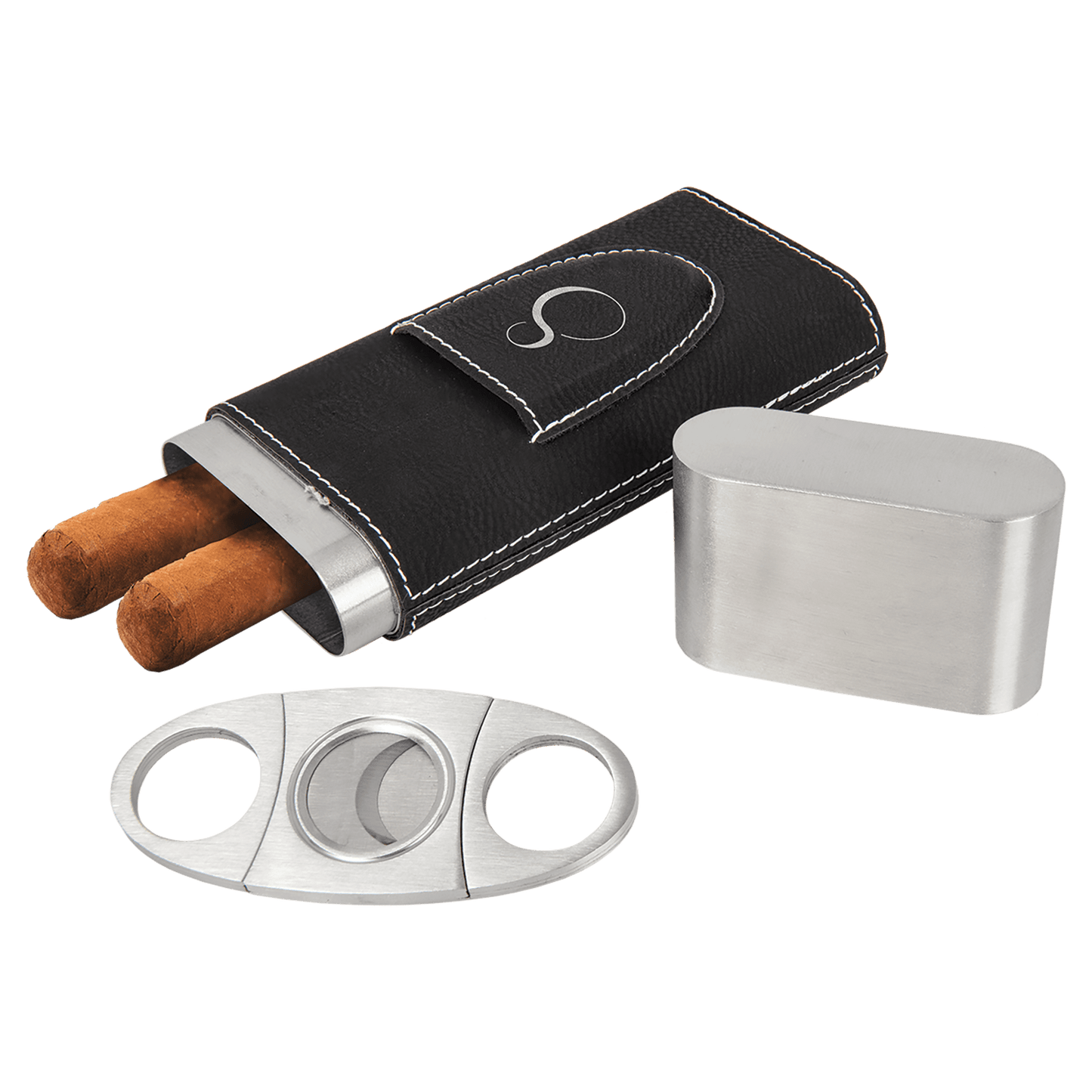Black Cigar case with two cigars, a silver cutter, on a transparent background