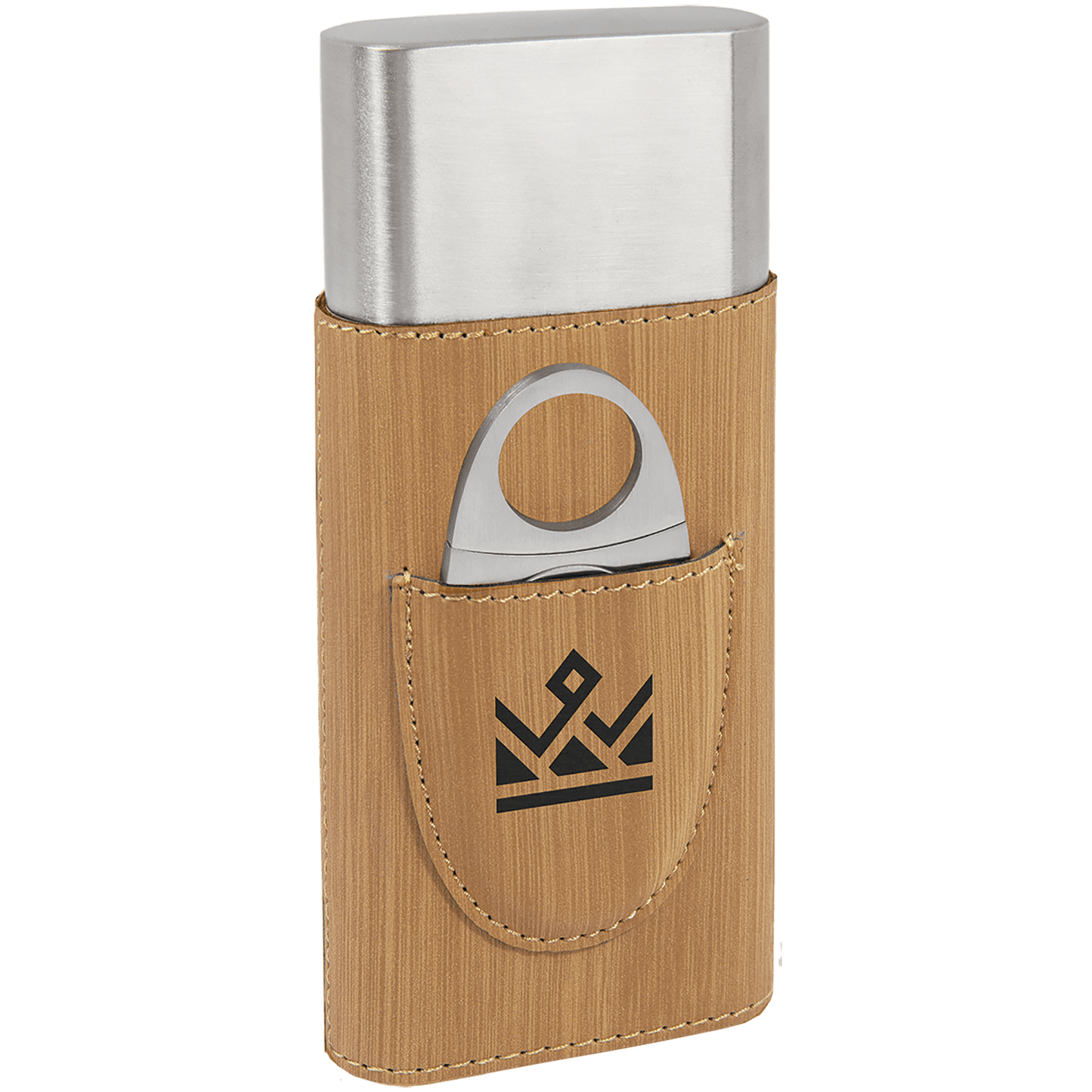 Bamboo lighter case with stainless steel top and logo on a transparent background