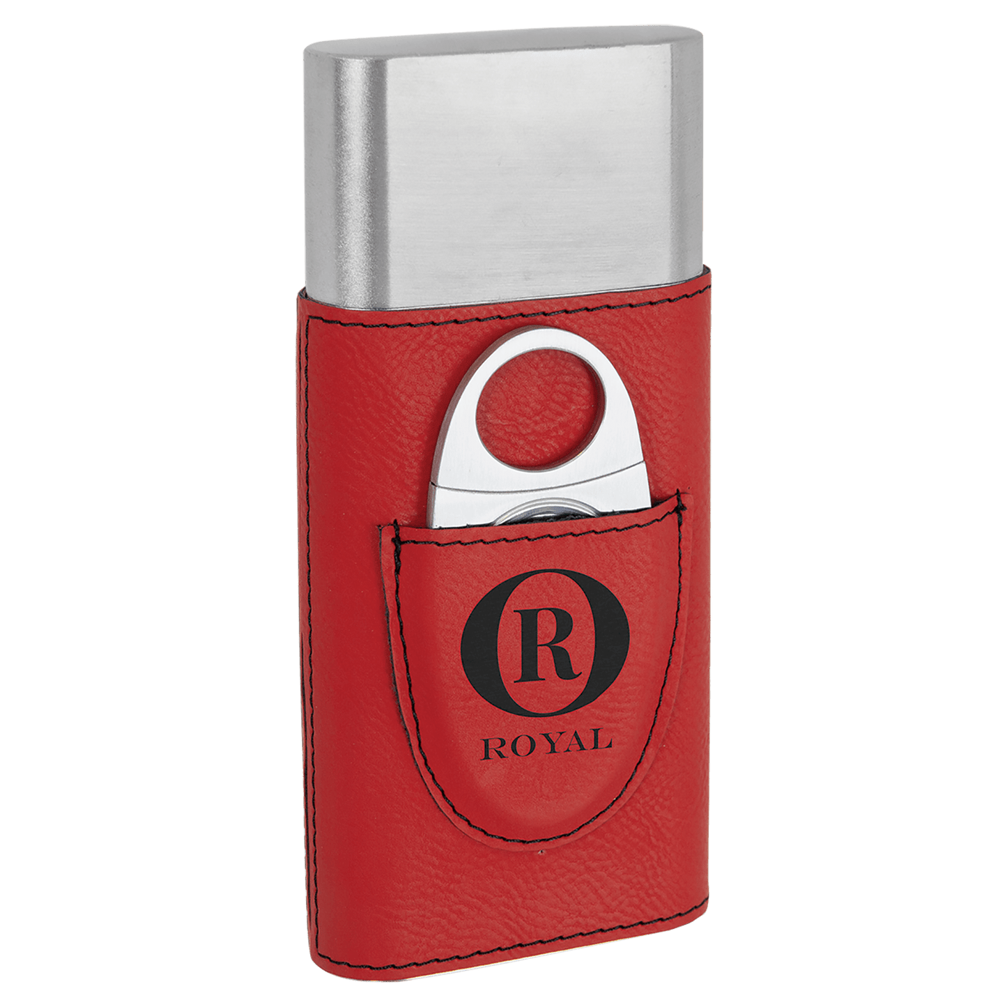 Red leather cigar case with silver top and 'Royal' logo on a transparent background