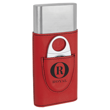 Red leather cigar case with silver top and 'Royal' logo on a transparent background