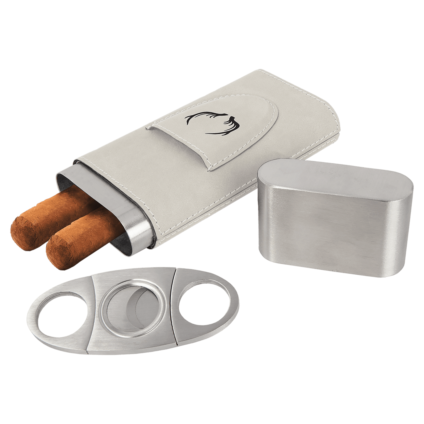 White Cigar case with two cigars, a cutter, and a lighter on a green background