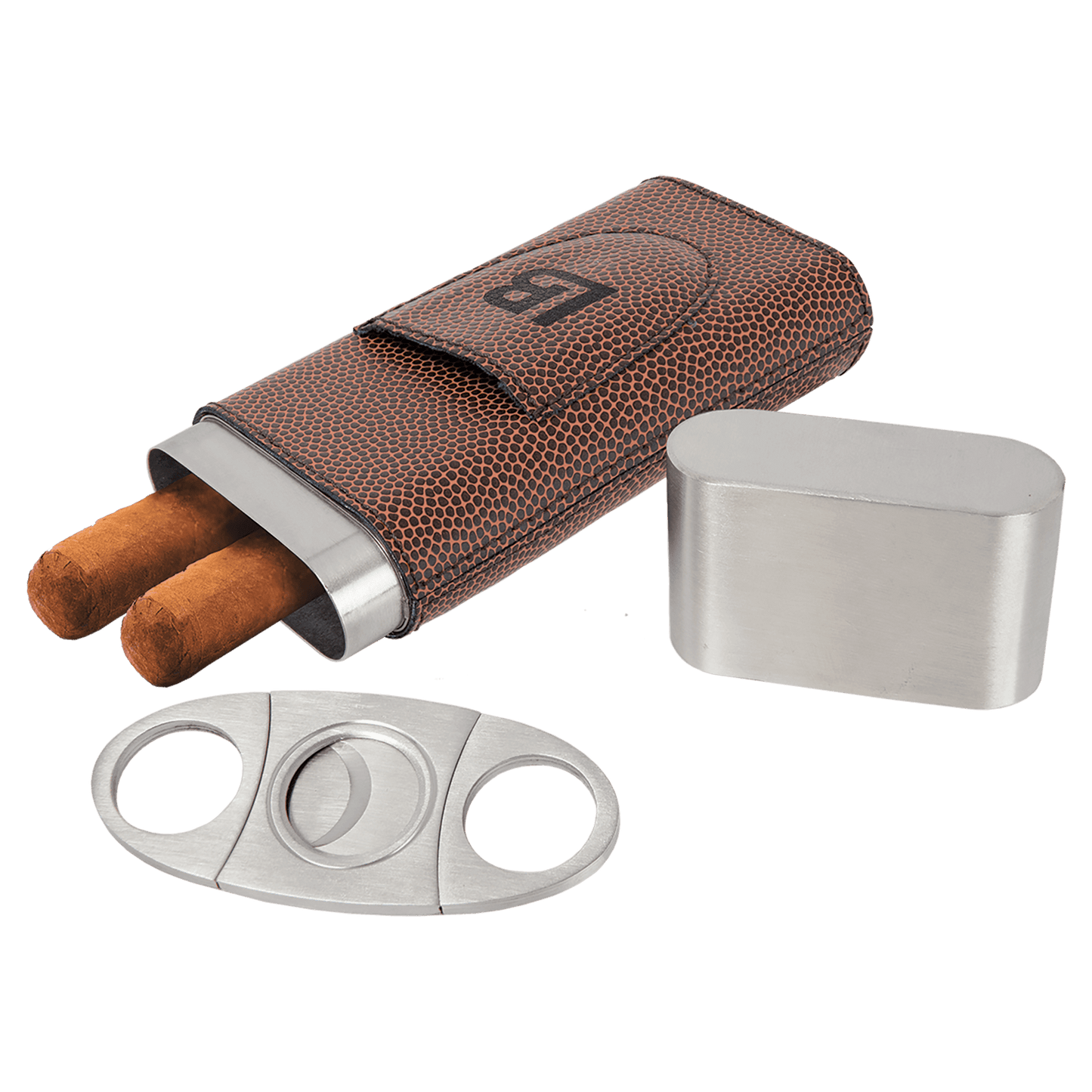 football leather cigar case with two cigars, a silver cutter, and a metal top on a transparent background