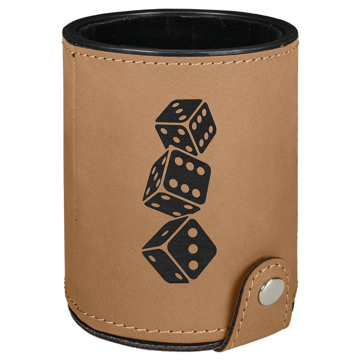 Personalized light brown leatherette dice cup with 5 dice