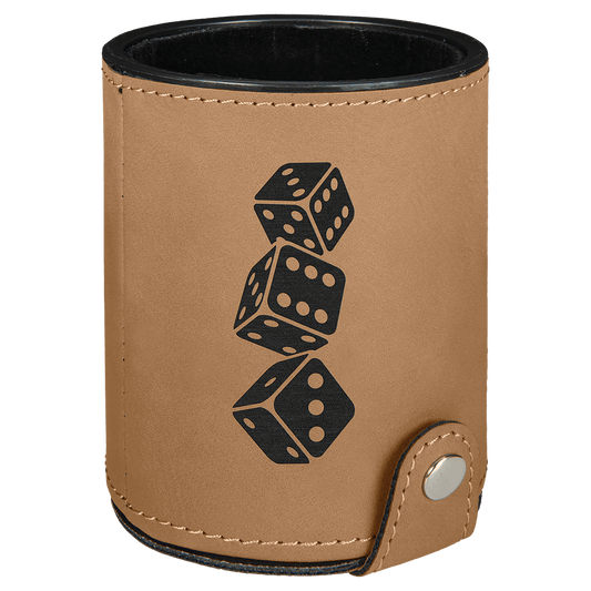 Personalized light brown leatherette dice cup with 5 dice