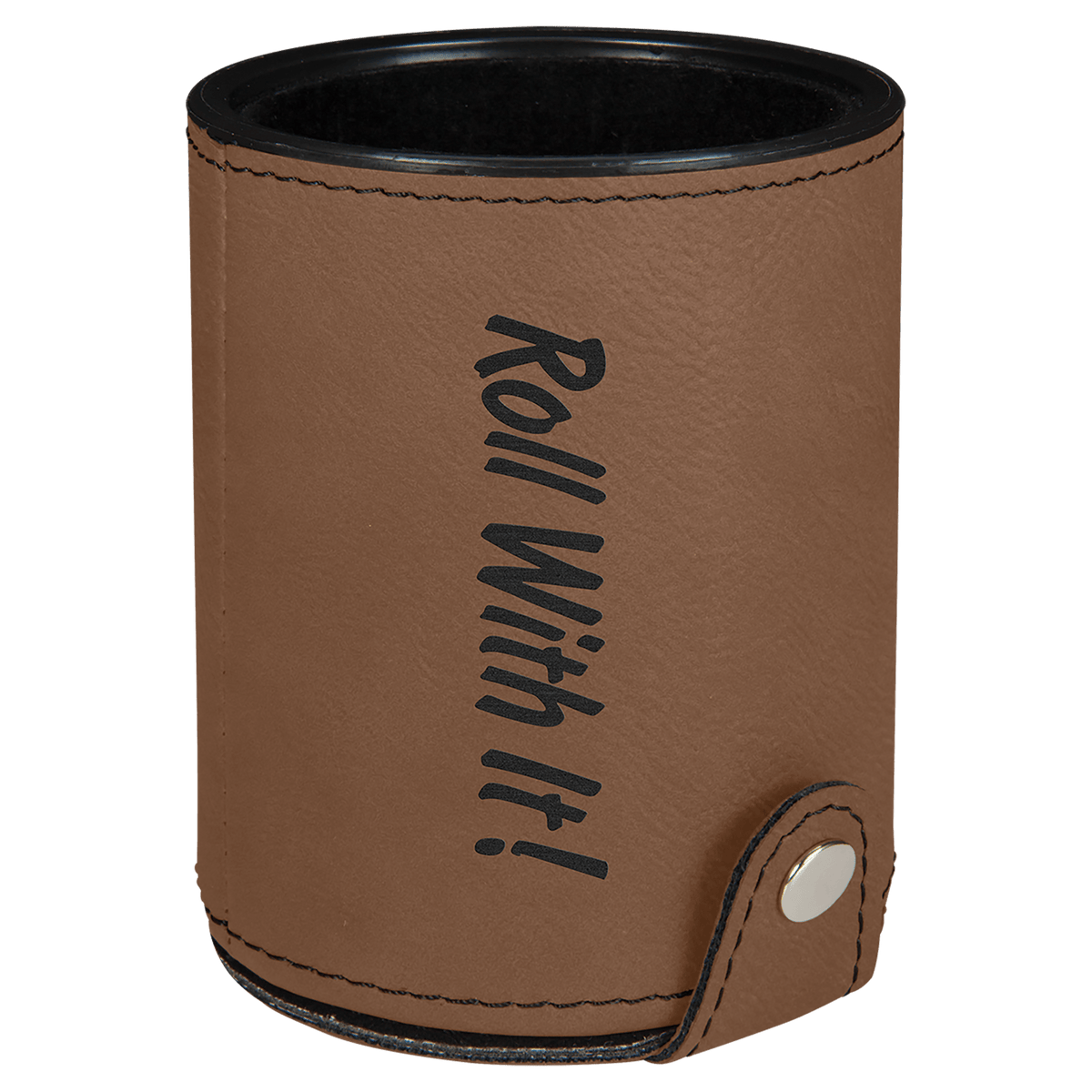 Personalized dark brown leatherette dice cup with 5 dice