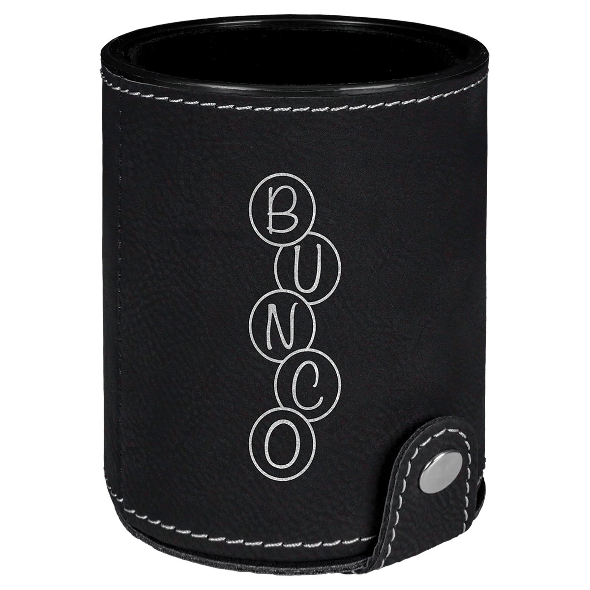 Personalized black/silver leatherette dice cup with 5 dice