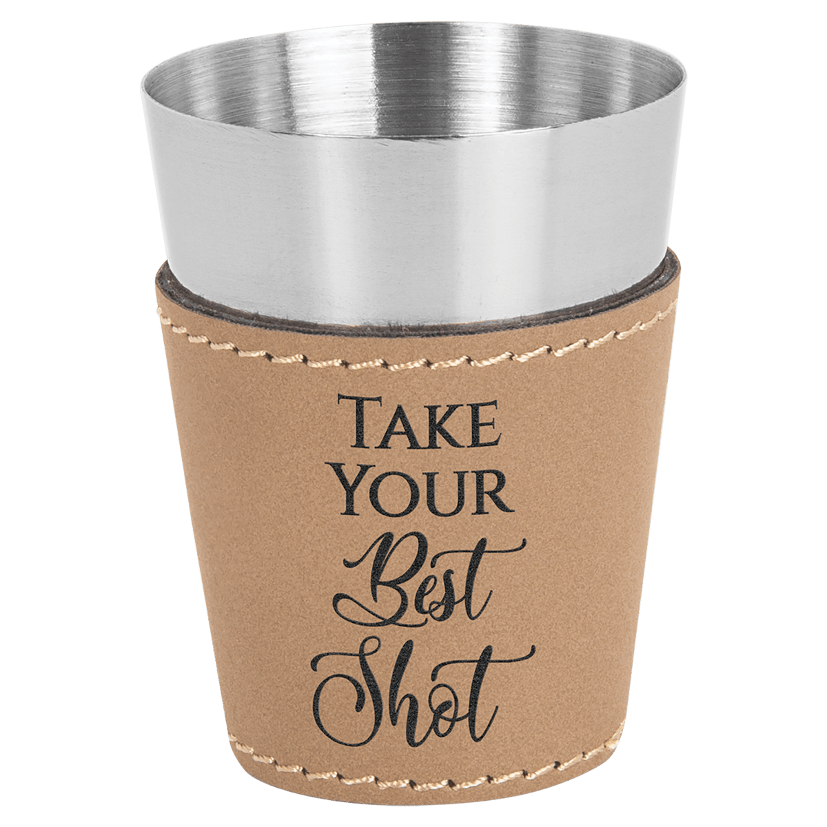 Personalized 2 oz light brown leatherette wrapped stainless steel shot glass