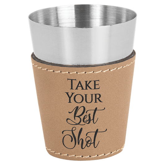 Personalized 2 oz light brown leatherette wrapped stainless steel shot glass