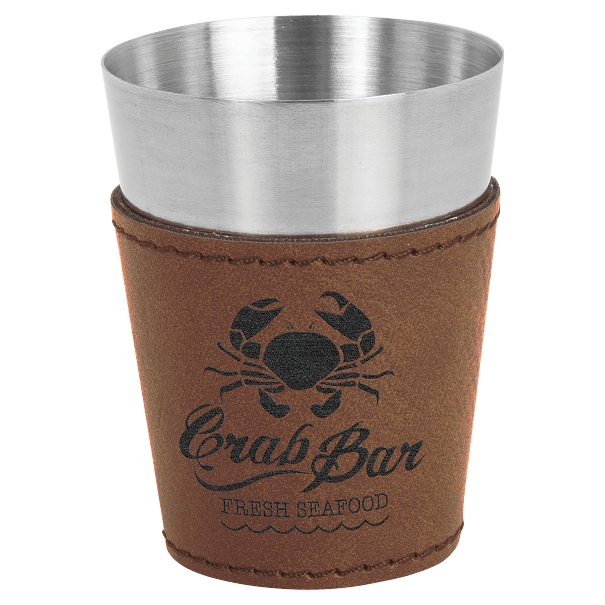 Personalized 2 oz dark brown leatherette wrapped stainless steel shot glass