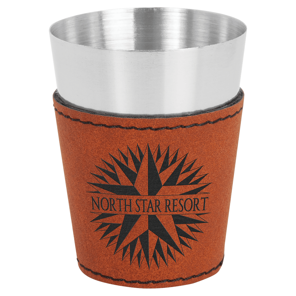 Personalized 2 oz rawhide leatherette wrapped stainless steel shot glass