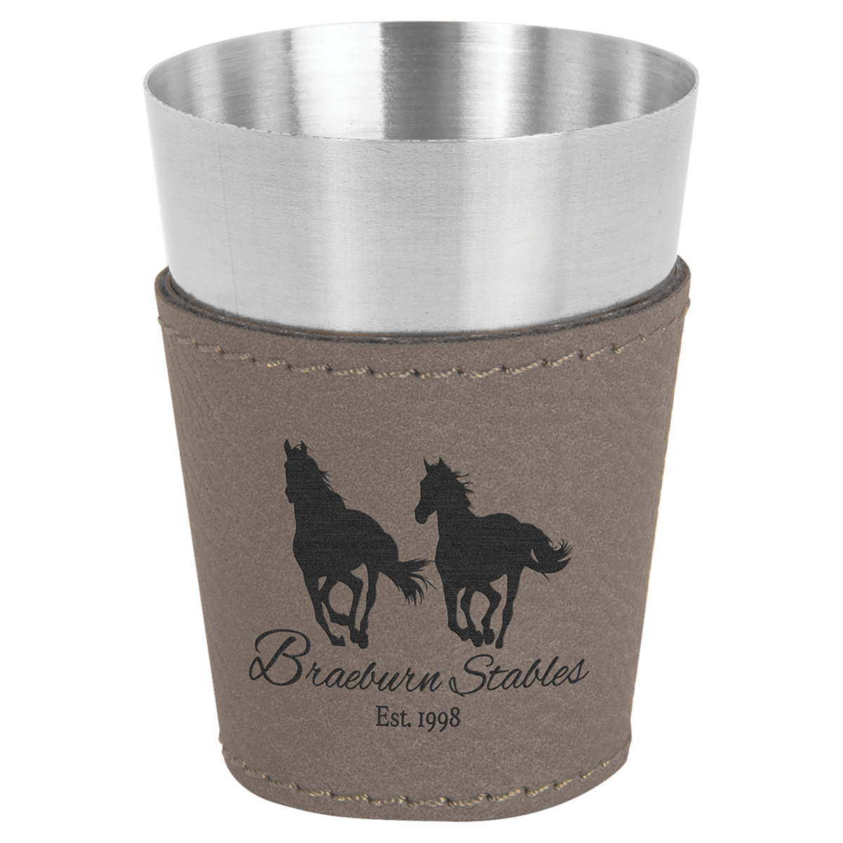 Personalized 2 oz gray leatherette wrapped stainless steel shot glass