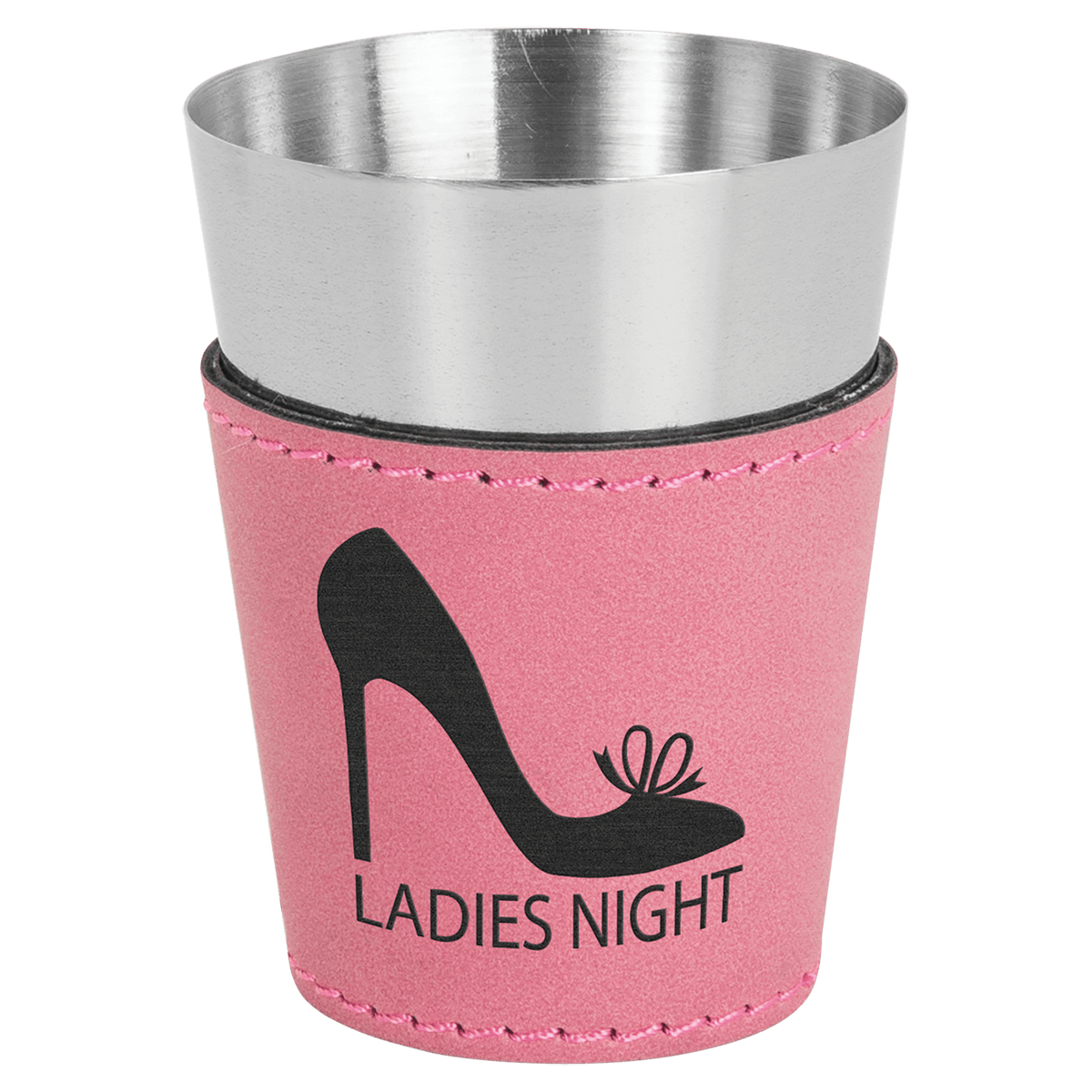 Personalized 2 oz pink leatherette wrapped stainless steel shot glass