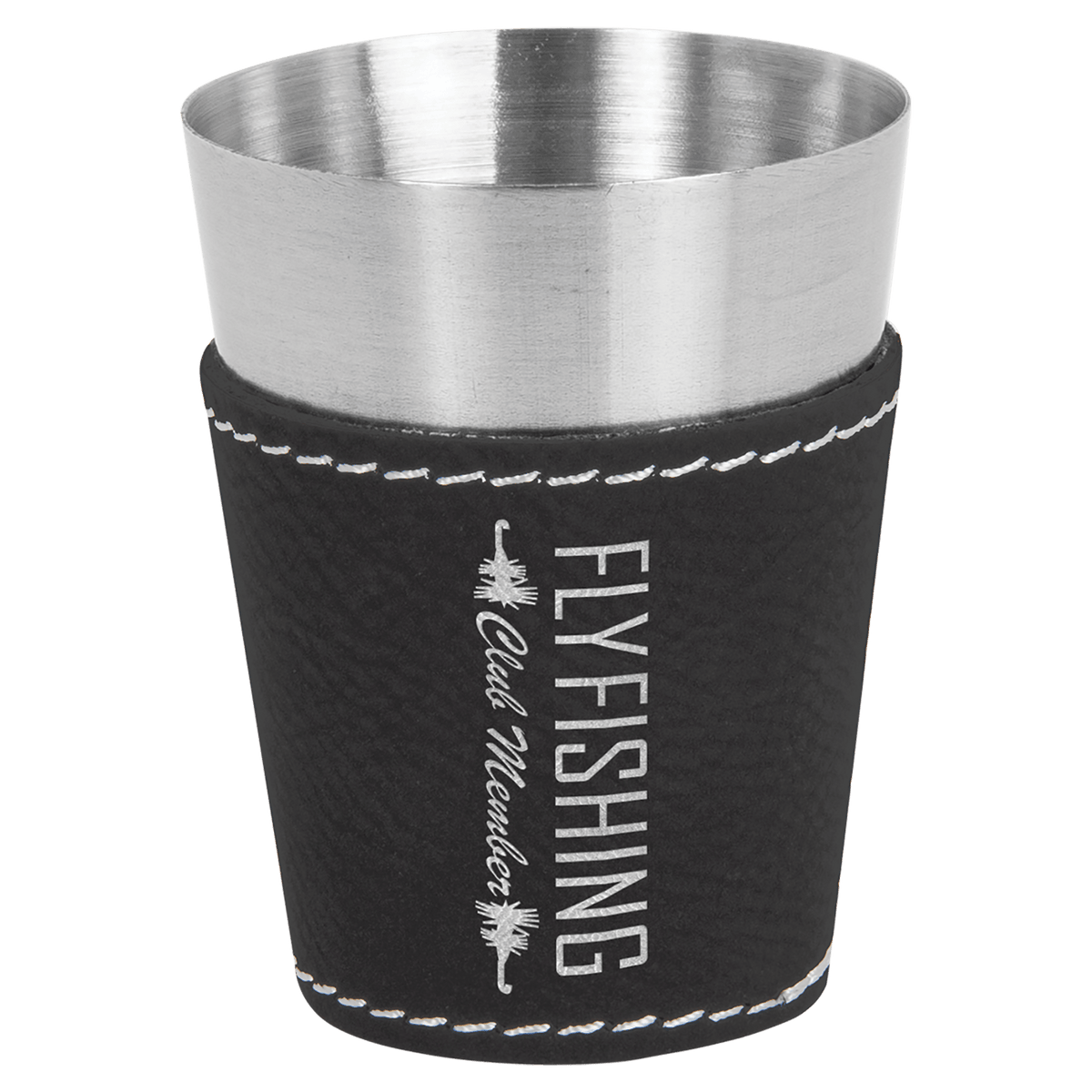 Personalized 2 oz black/silver leatherette wrapped stainless steel shot glass