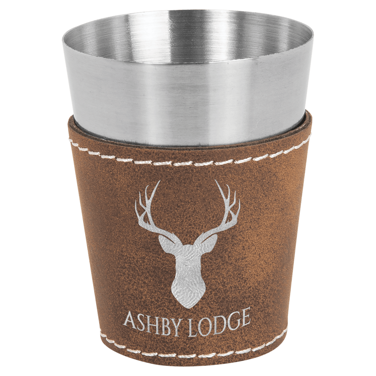 Personalized 2 oz rustic/silver leatherette wrapped stainless steel shot glass