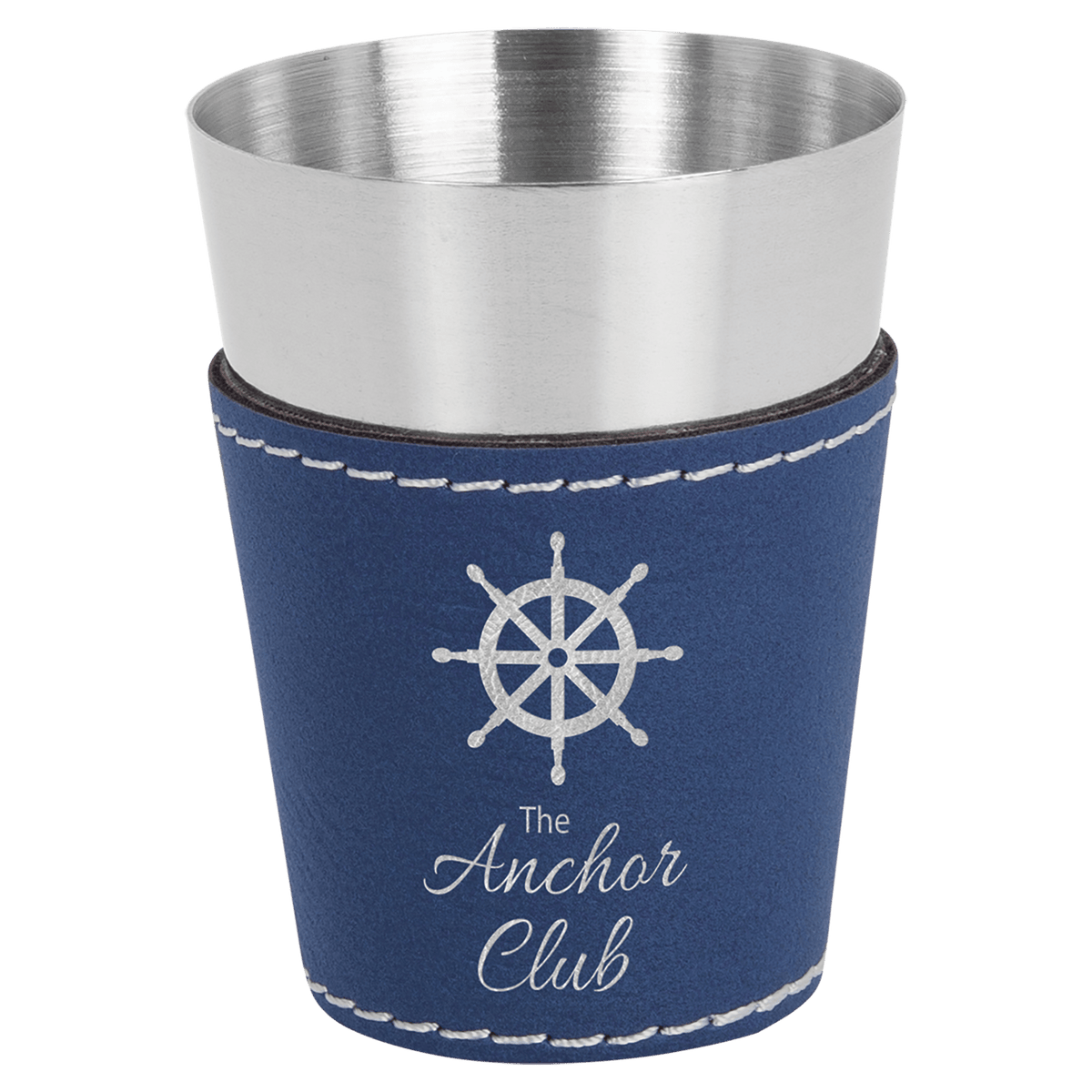 Personalized 2 oz blue/silver leatherette wrapped stainless steel shot glass