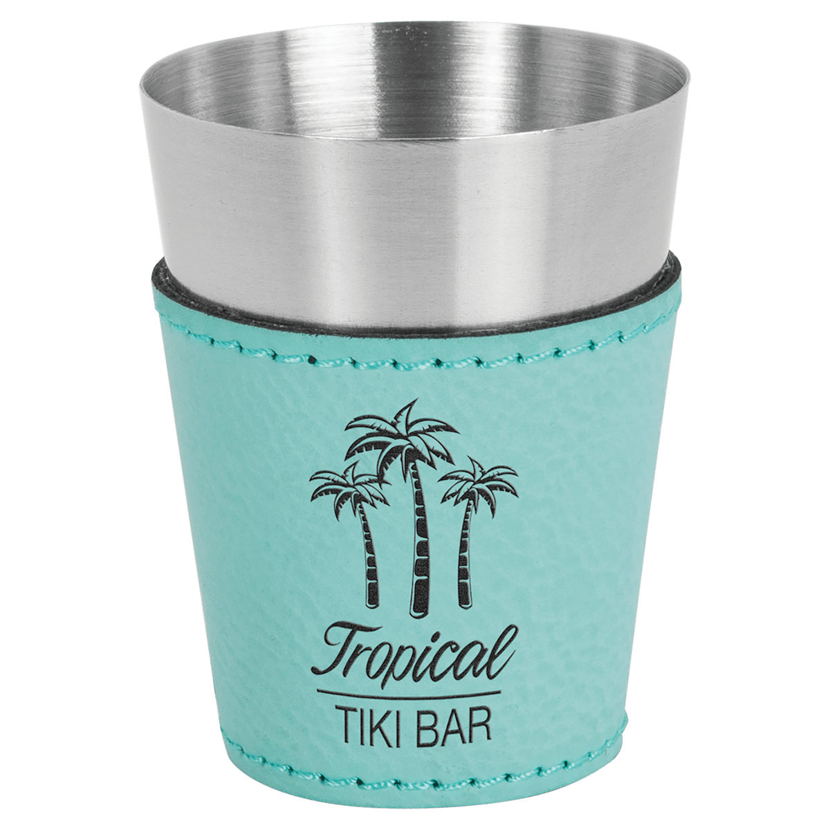 Personalized 2 oz teal leatherette wrapped stainless steel shot glass