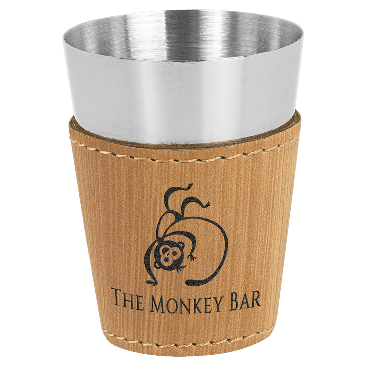 Personalized 2 oz bamboo leatherette wrapped stainless steel shot glass