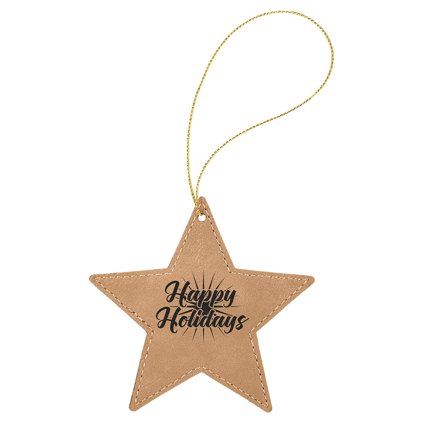 Light Brown leatherette star ornament, 4 by 4 inches, with gold hanging string