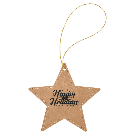 Light Brown leatherette star ornament, 4 by 4 inches, with gold hanging string
