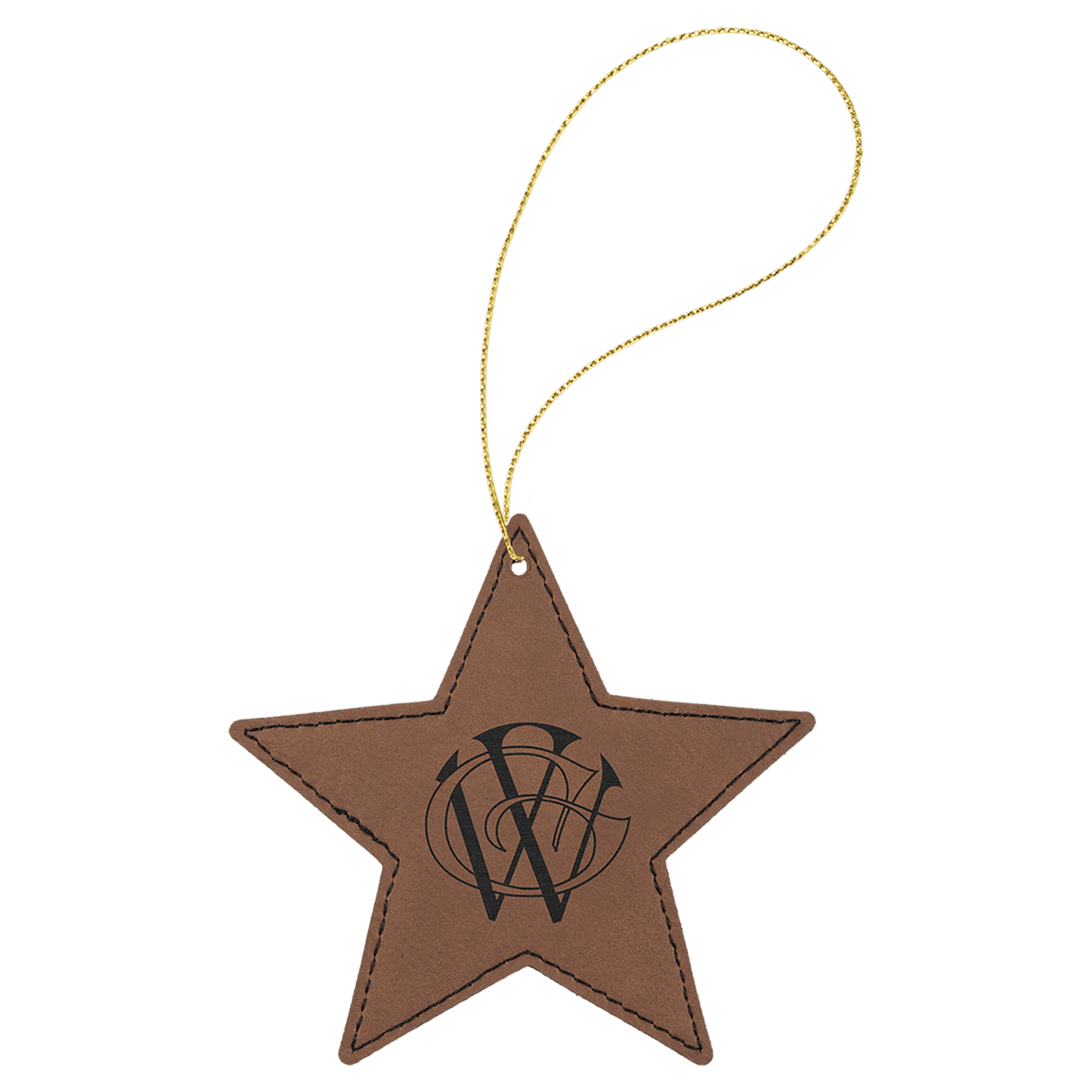 Dark Brown leatherette star ornament, 4 by 4 inches, with gold hanging string