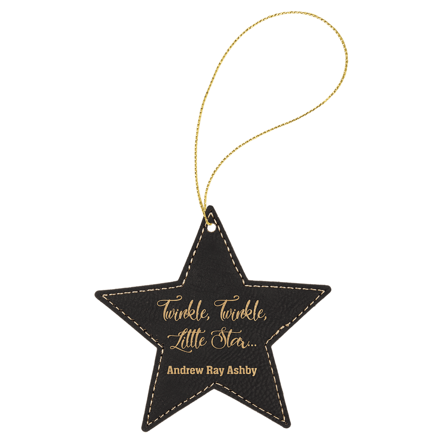Black and Gold leatherette star ornament, 4 by 4 inches, with gold hanging string