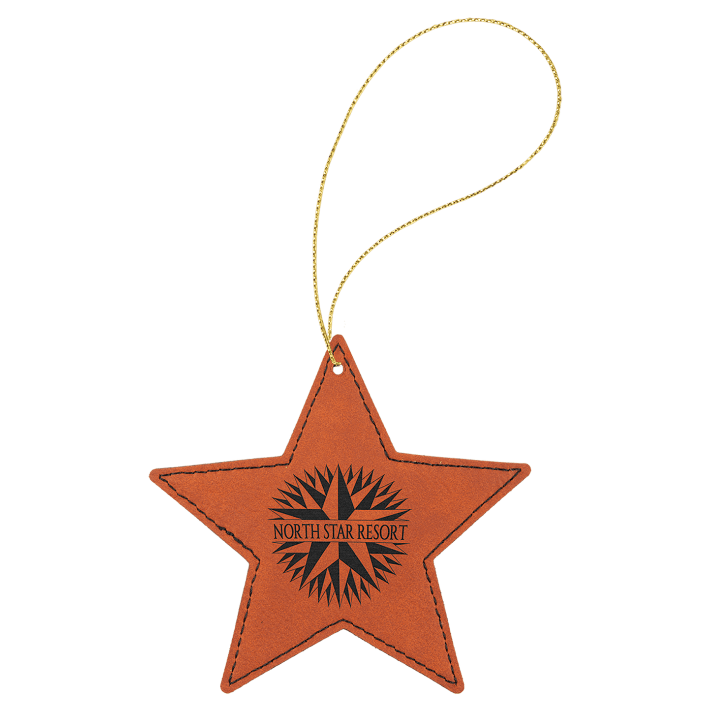 Rawhide leatherette star ornament, 4 by 4 inches, with gold hanging string