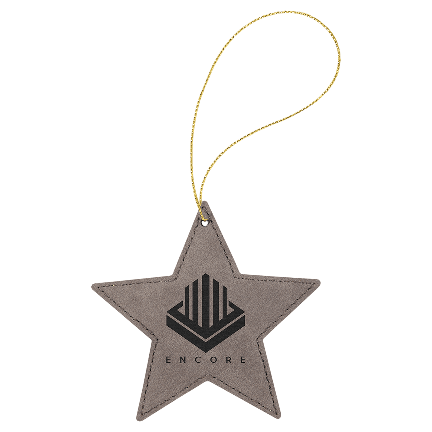 Gray leatherette star ornament, 4 by 4 inches, with gold hanging string