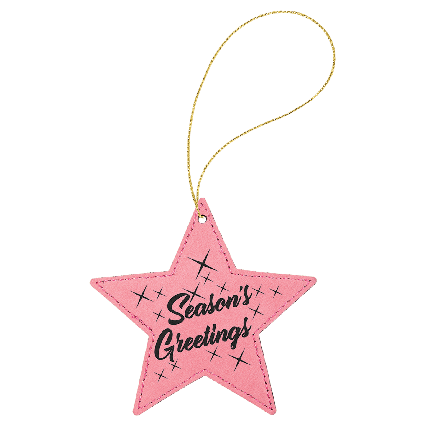 Pink leatherette star ornament, 4 by 4 inches, with gold hanging string