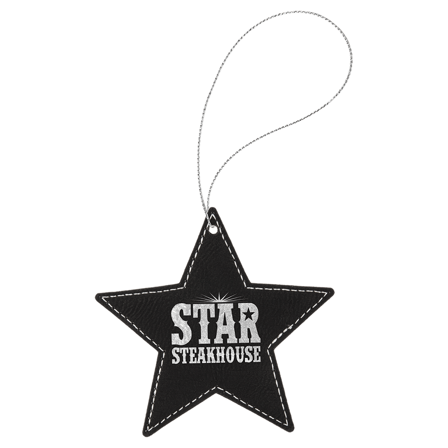 Black and Silver leatherette star ornament, 4 by 4 inches, with silver hanging string