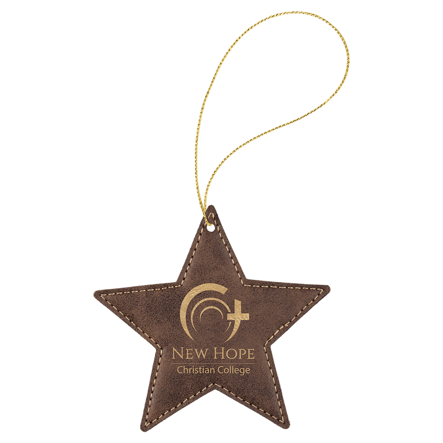Rustic Gold leatherette star ornament, 4 by 4 inches, with gold hanging string