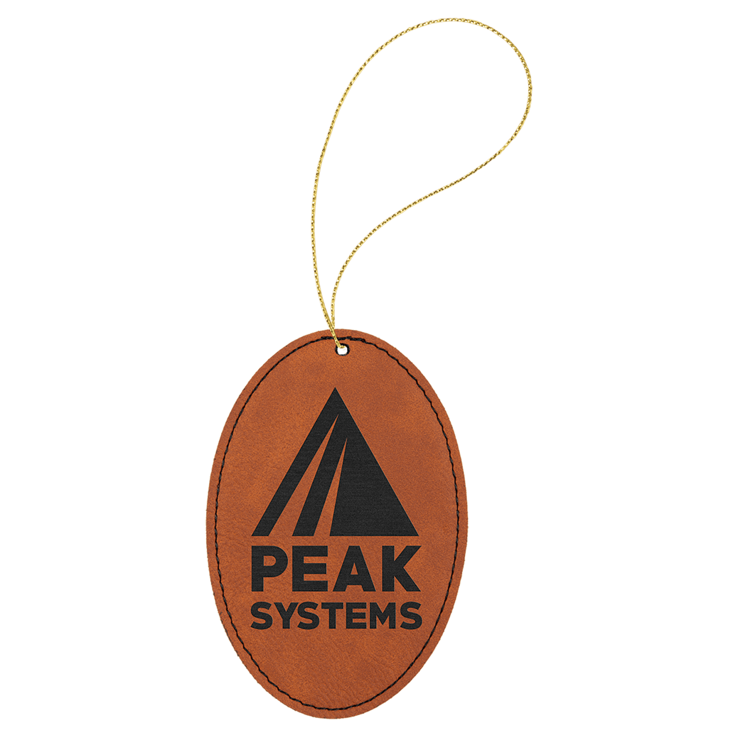 Rawhide leatherette oval ornament, 3 by 4.5 inches, with gold hanging string