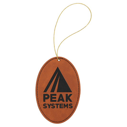 Rawhide leatherette oval ornament, 3 by 4.5 inches, with gold hanging string