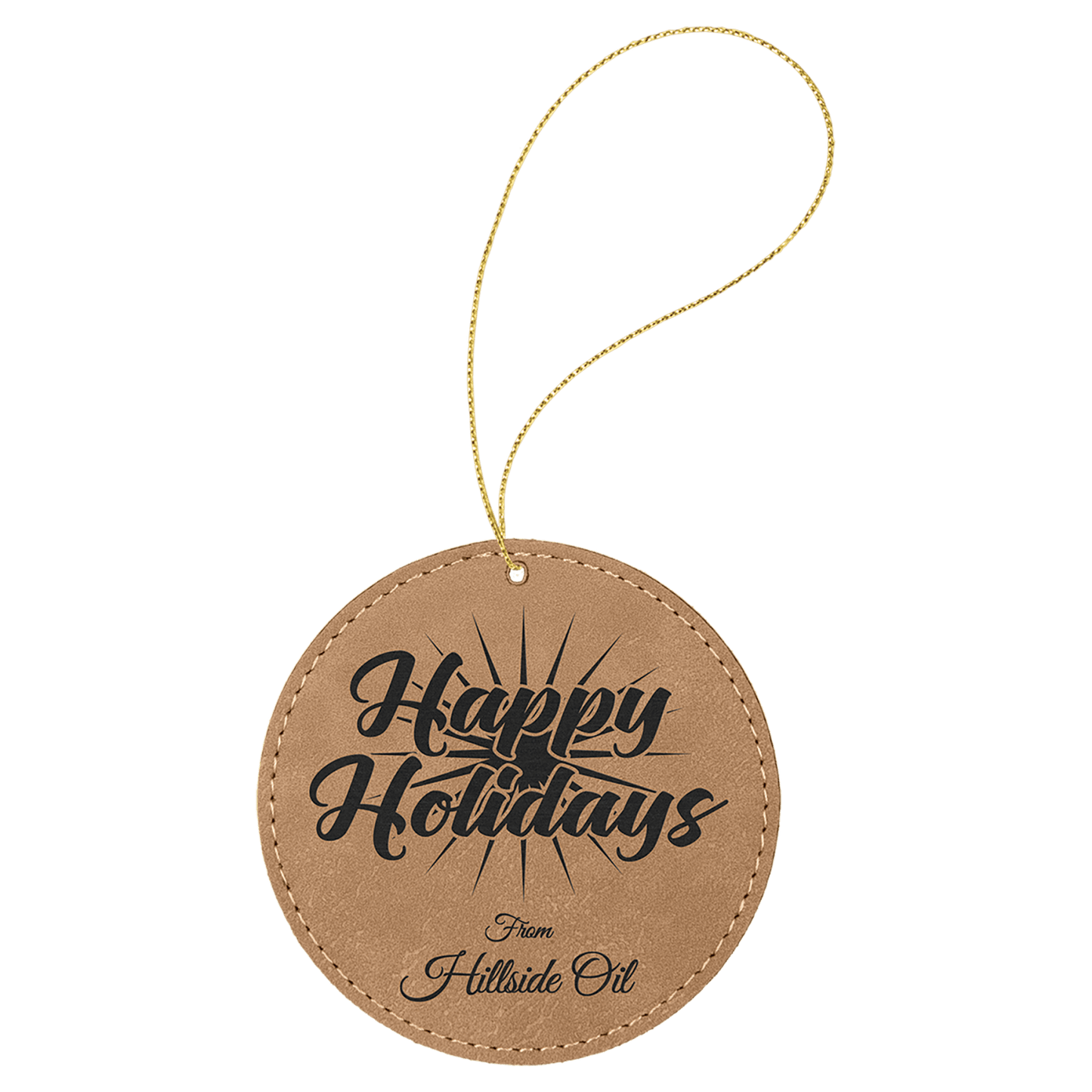 Light Brown leatherette round ornament, 3.75 inches, with gold hanging string