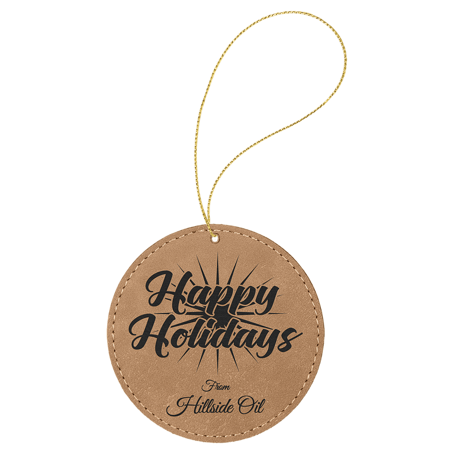 Light Brown leatherette round ornament, 3.75 inches, with gold hanging string