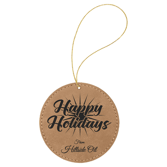 Light Brown leatherette round ornament, 3.75 inches, with gold hanging string