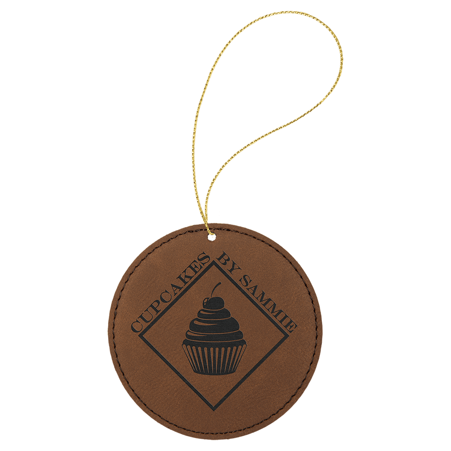 Dark Brown leatherette round ornament, 3.75 inches, with gold hanging string