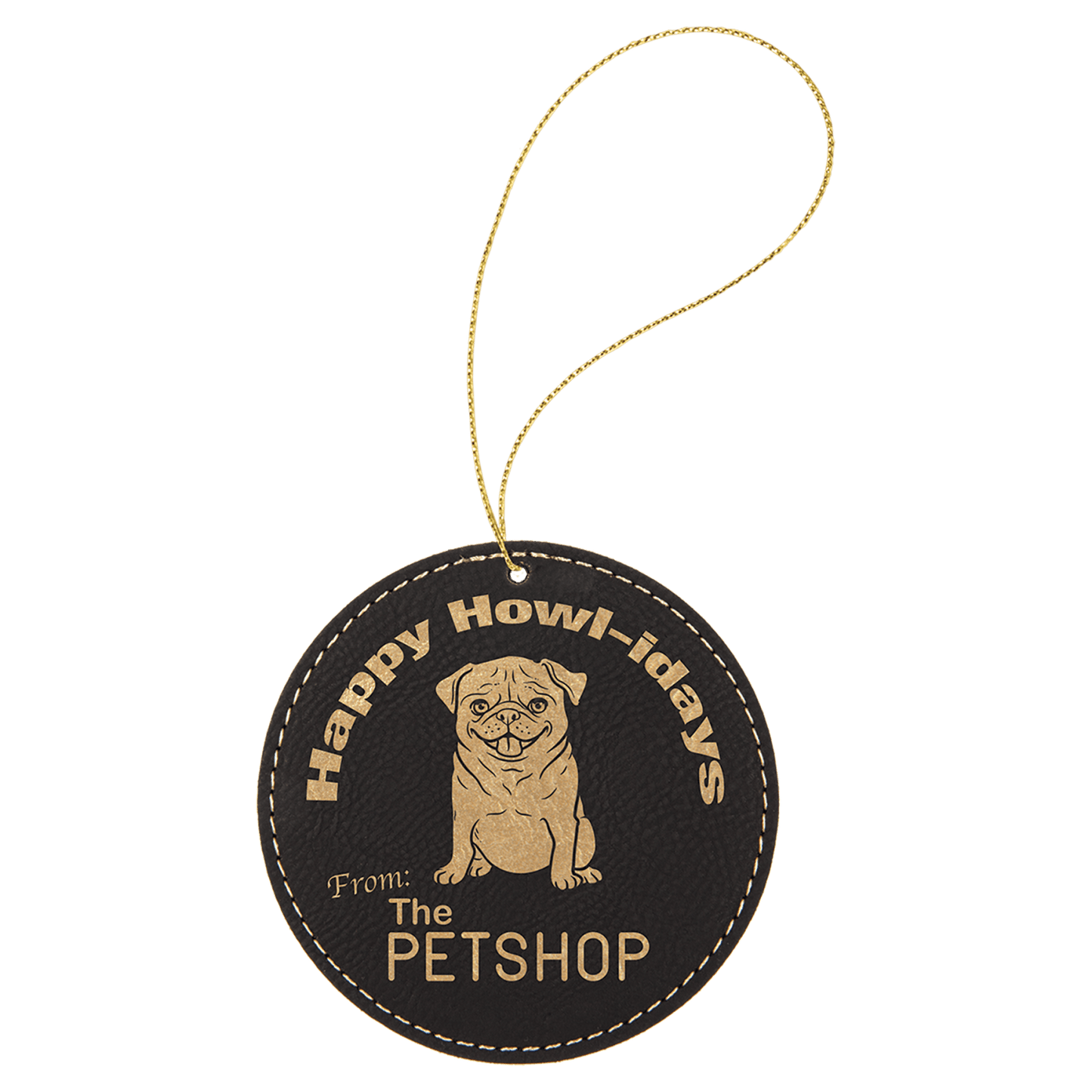 Black and Gold leatherette round ornament, 3.75 inches, with gold hanging string