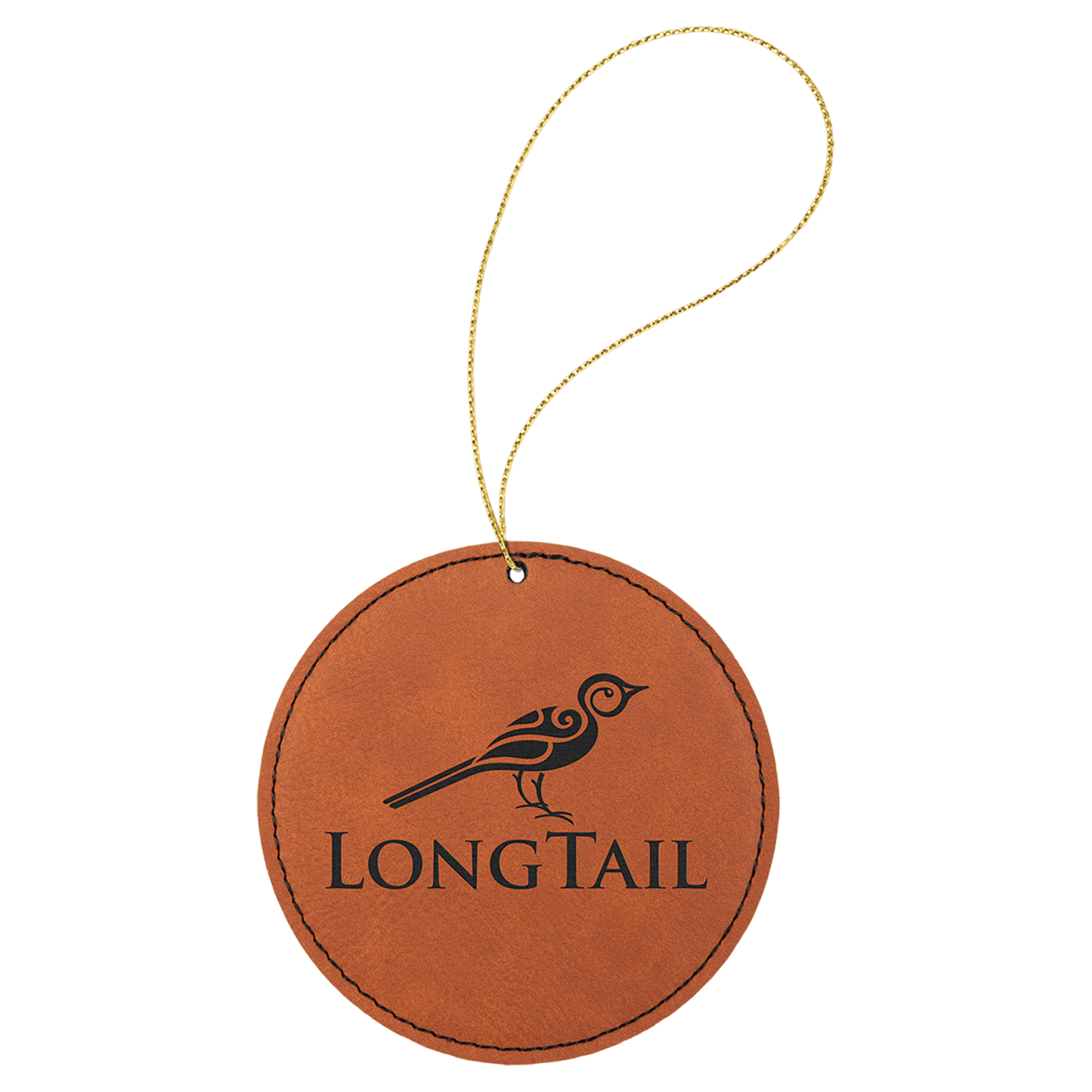 Rawhide leatherette round ornament, 3.75 inches, with gold hanging string