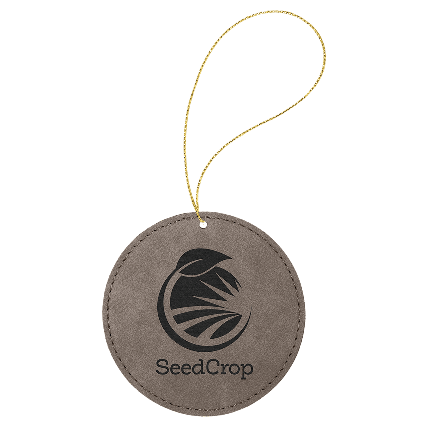 Gray leatherette round ornament, 3.75 inches, with gold hanging string