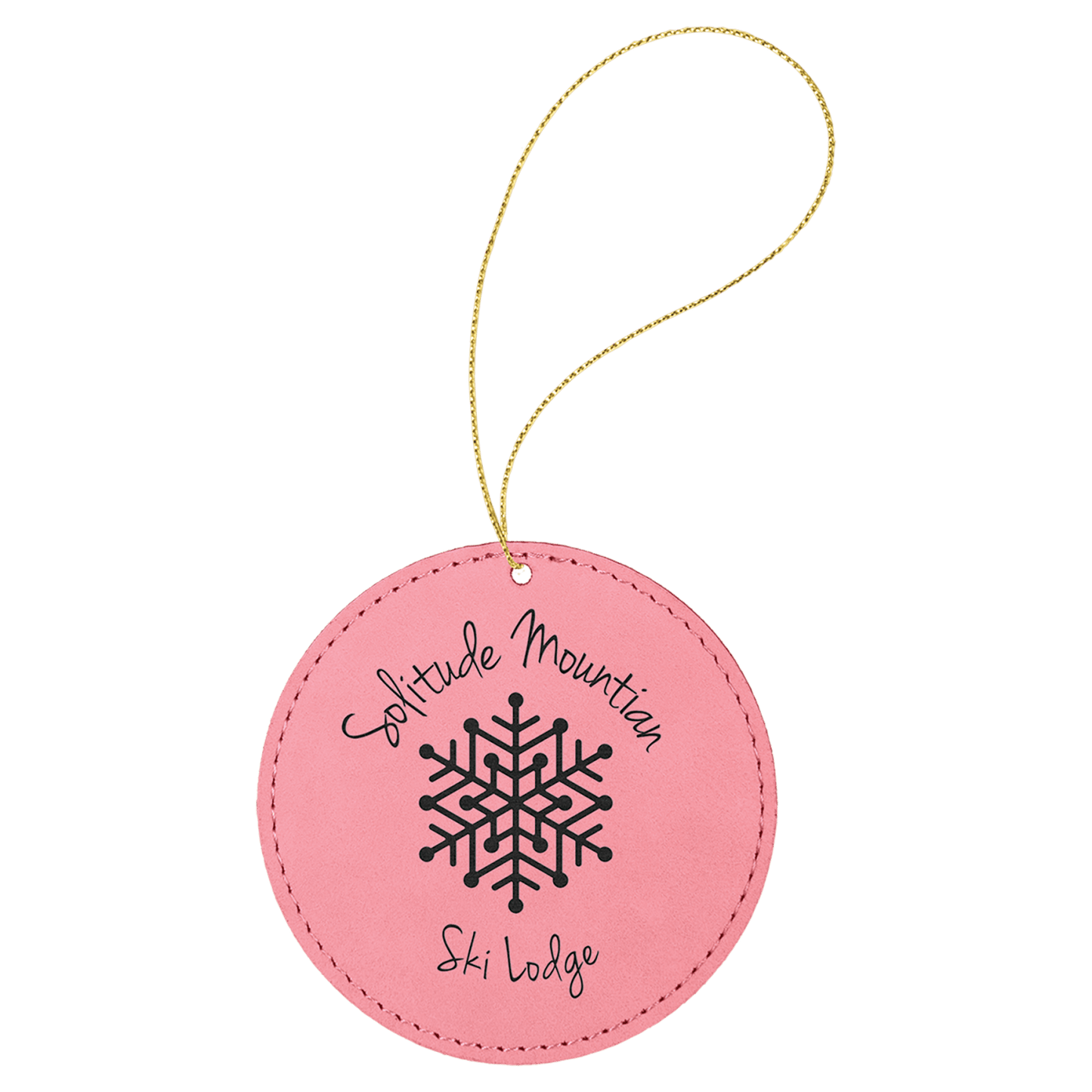 Pink leatherette round ornament, 3.75 inches, with gold hanging string