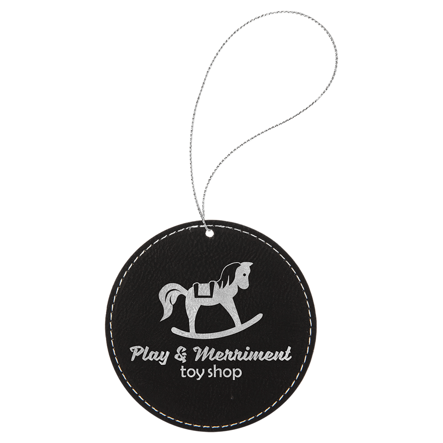 Black and Silver leatherette round ornament, 3.75 inches, with silver hanging string